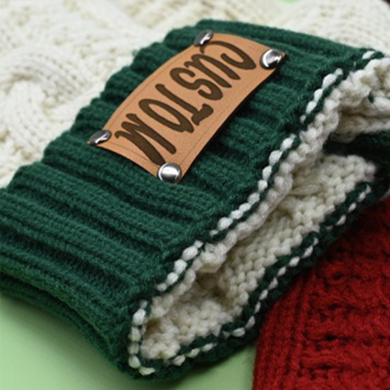 Knitted Christmas Sock Ornament with Leather Label