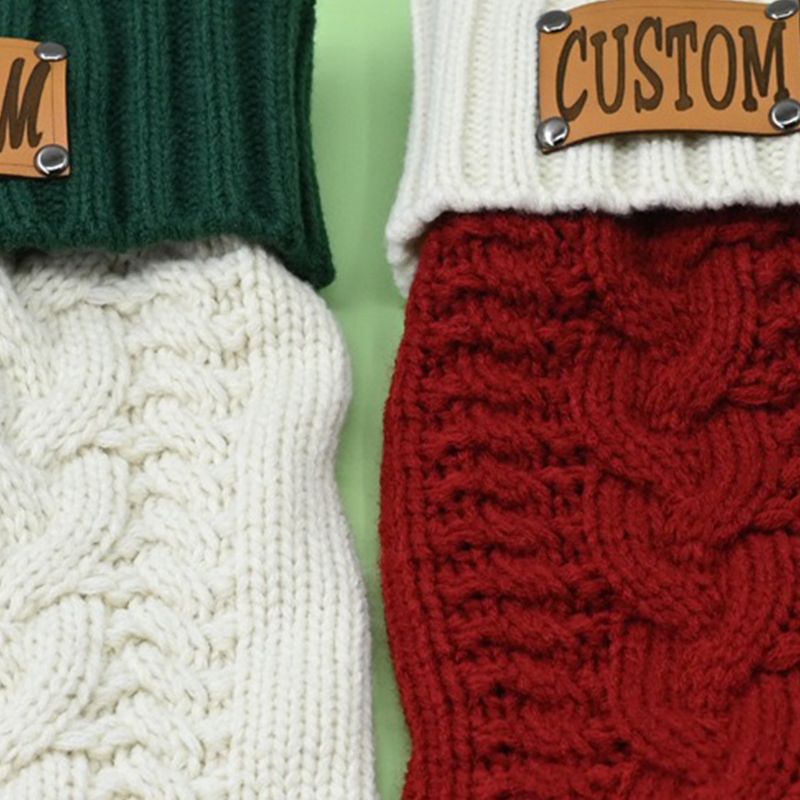 Knitted Christmas Sock Ornament with Leather Label