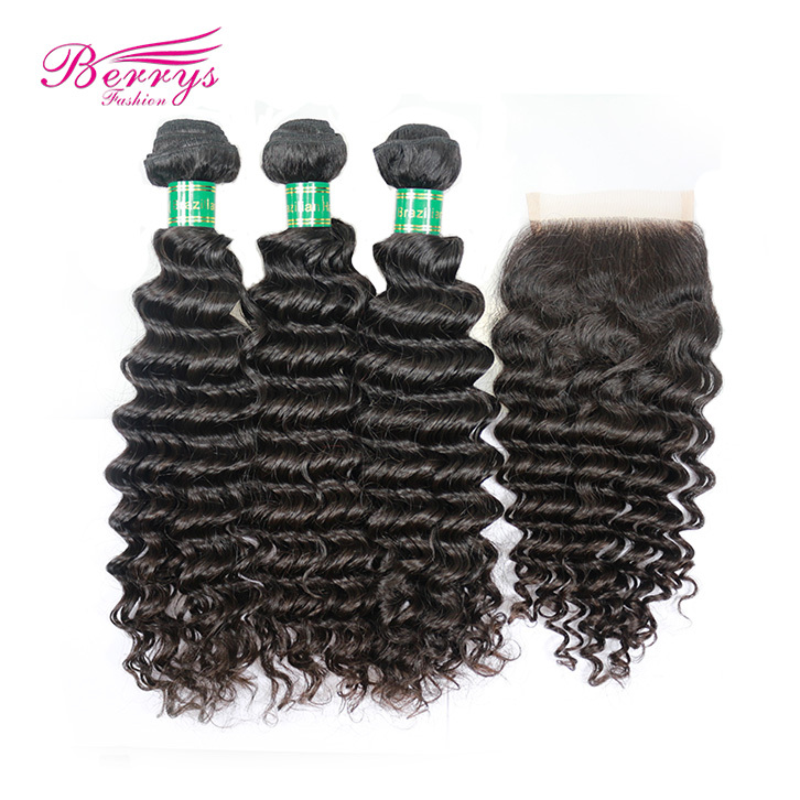 3 Bundles Brazillian Deep Wave Hair with Closure 4x4 Lace Closure with Bleached Knots and Baby Hair 100% Unprocessed Virgin Brazilian Hair