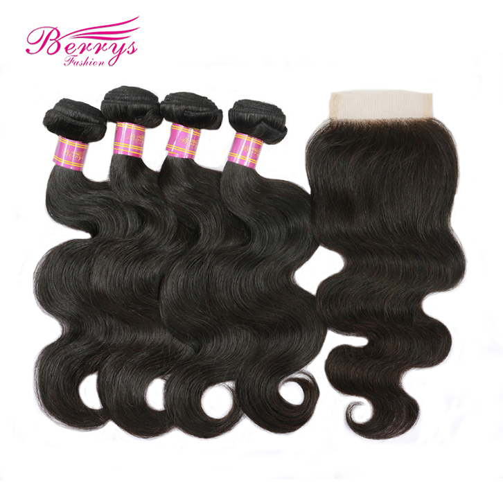 4pcs Peruvian Body Wave Virgin Human Hair with 1pc Lace Closure with Bleached Knots
