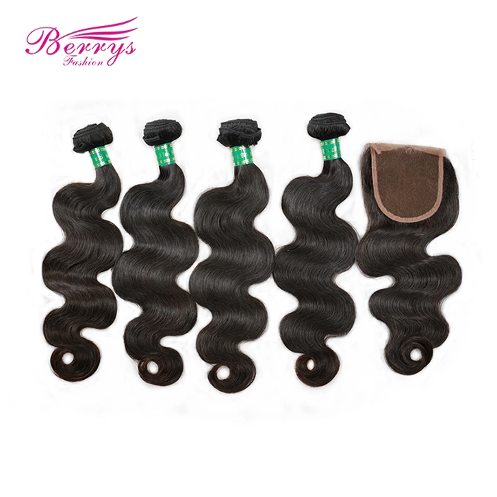 4pcs Brazilian Body Wave Virgin Human Hair with 1pc Lace Closure Free/Middle Part with Bleached Knots