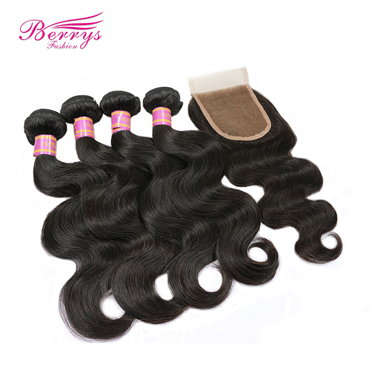 4pcs Peruvian Body Wave Virgin Human Hair with 1pc Lace Closure with Bleached Knots