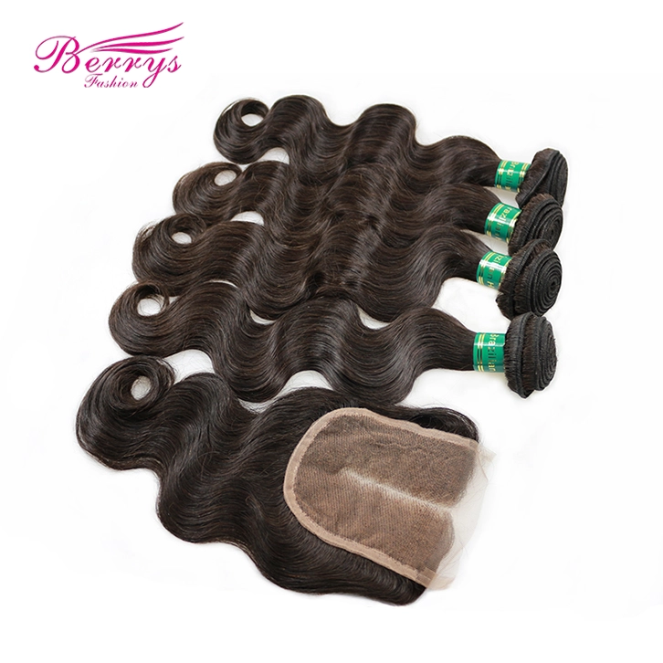 4pcs Brazilian Body Wave Virgin Human Hair with 1pc Lace Closure Free/Middle Part with Bleached Knots