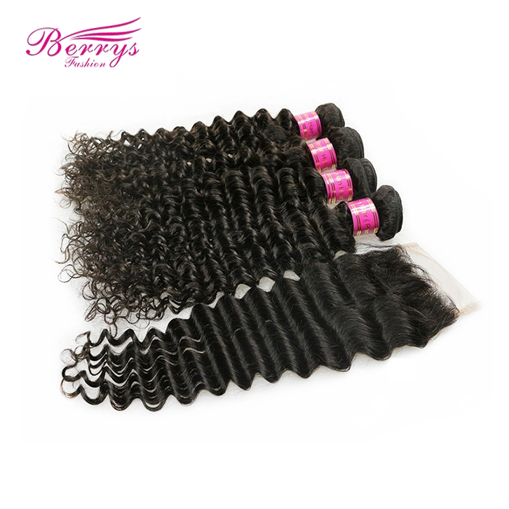 4 Bundles Peruvian Deep Wave/Curly Virgin Unprocessed Human Hair with 1pc Free Part Lace Closure 4x4