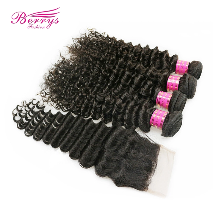 4 Bundles Peruvian Deep Wave/Curly Virgin Unprocessed Human Hair with 1pc Free Part Lace Closure 4x4