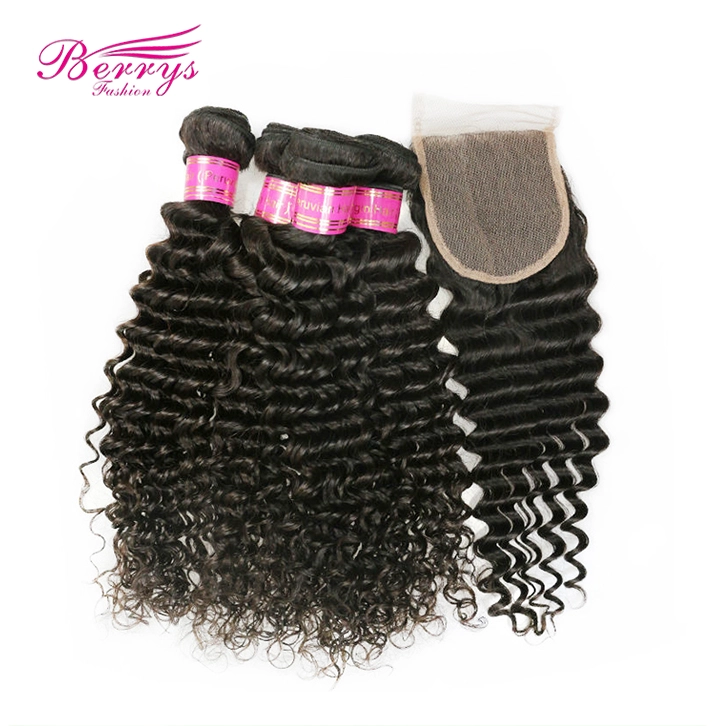 4 Bundles Peruvian Deep Wave/Curly Virgin Unprocessed Human Hair with 1pc Free Part Lace Closure 4x4