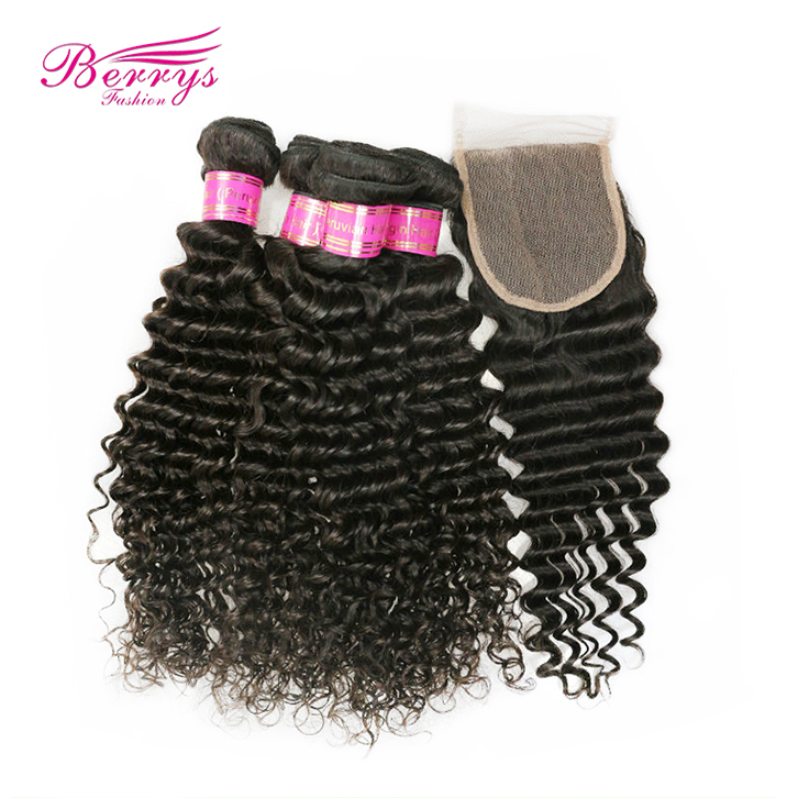 4 Bundles Peruvian Deep Wave/Curly Virgin Unprocessed Human Hair with 1pc Free Part Lace Closure 4x4