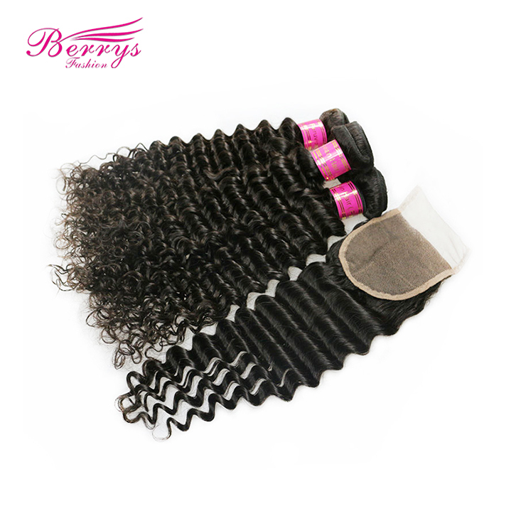 4 Bundles Peruvian Deep Wave/Curly Virgin Unprocessed Human Hair with 1pc Free Part Lace Closure 4x4