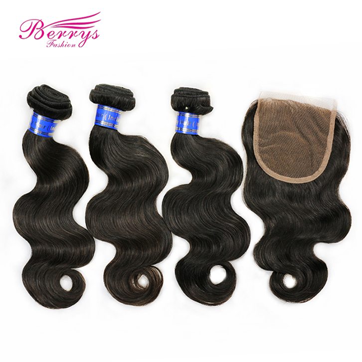 Berrys Fashion Hair Indian Body Wave Unprocessed Human Hair 3 Bundles with 1pc 4X4 Lace  Closure