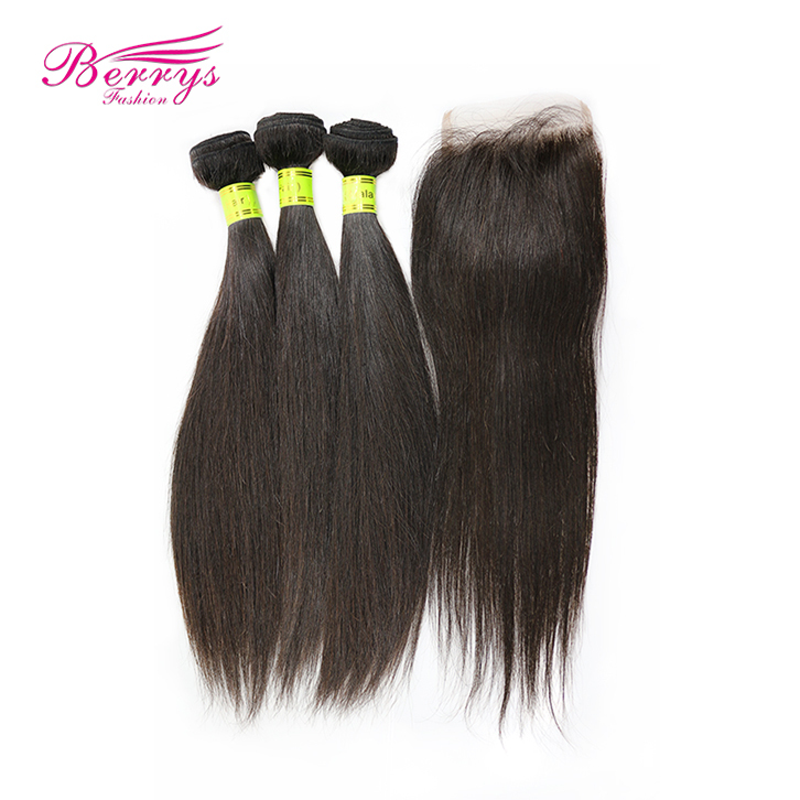 Berrys Fashion Hair 3 Bundles Malaysian Virgin Hair Straight with 4x4 Lace Closure Unprocessed Peerless Hair Extension