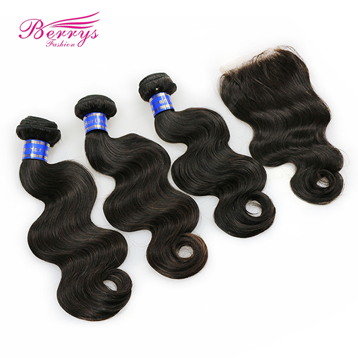 Berrys Fashion Hair Indian Body Wave Unprocessed Human Hair 3 Bundles with 1pc 4X4 Lace  Closure