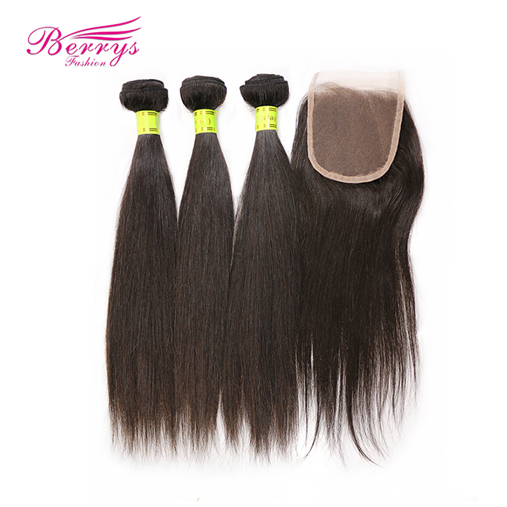 Berrys Fashion Hair 3 Bundles Malaysian Virgin Hair Straight with 4x4 Lace Closure Unprocessed Peerless Hair Extension