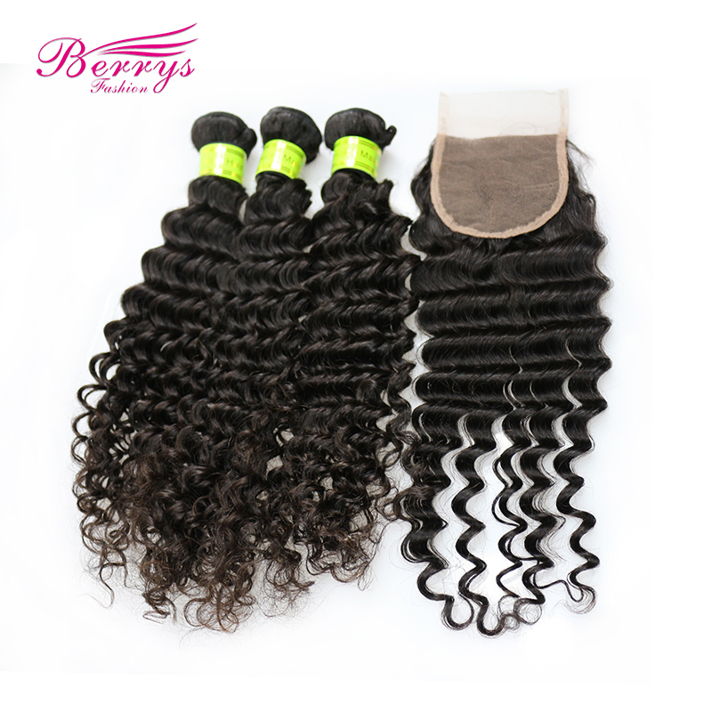 3pcs Deep Wave Hair with 1pc 4x4 Lace Closure Bleached Knots and Baby Hair Unprocessed Virgin Human Hair Berrys Fashion Hair