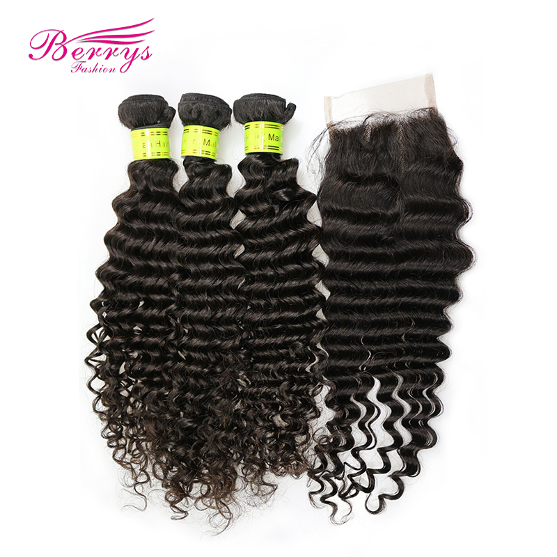 3pcs Deep Wave Hair with 1pc 4x4 Lace Closure Bleached Knots and Baby Hair Unprocessed Virgin Human Hair Berrys Fashion Hair