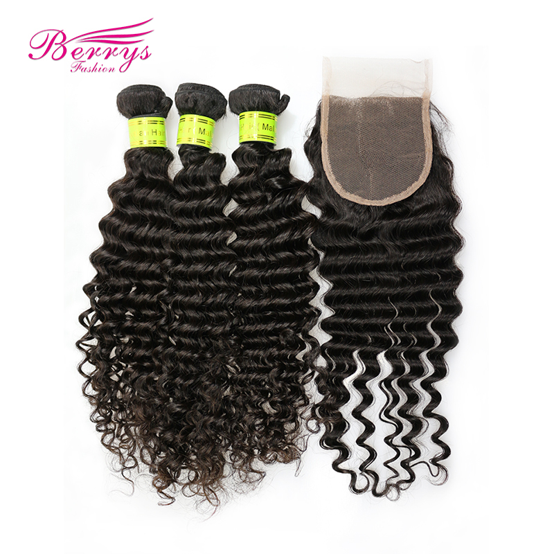 3pcs Deep Wave Hair with 1pc 4x4 Lace Closure Bleached Knots and Baby Hair Unprocessed Virgin Human Hair Berrys Fashion Hair