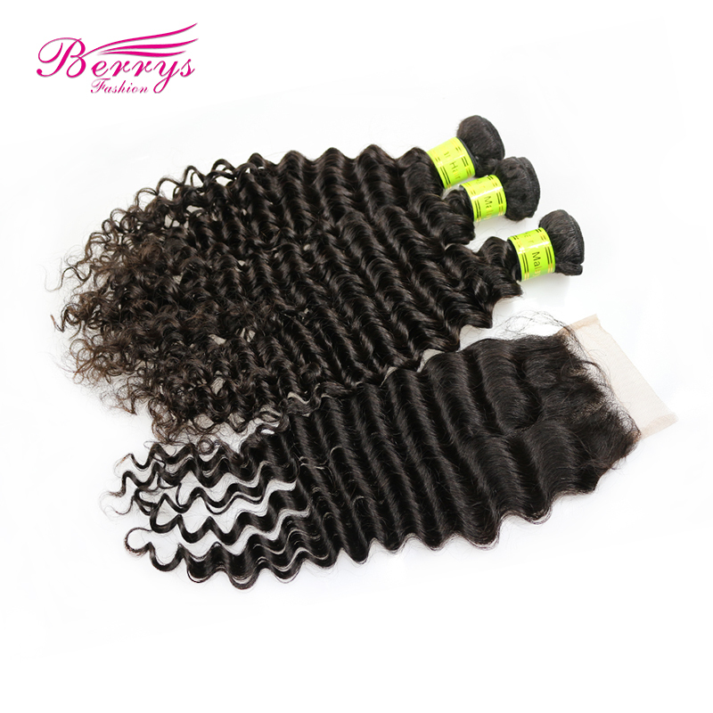 3pcs Deep Wave Hair with 1pc 4x4 Lace Closure Bleached Knots and Baby Hair Unprocessed Virgin Human Hair Berrys Fashion Hair