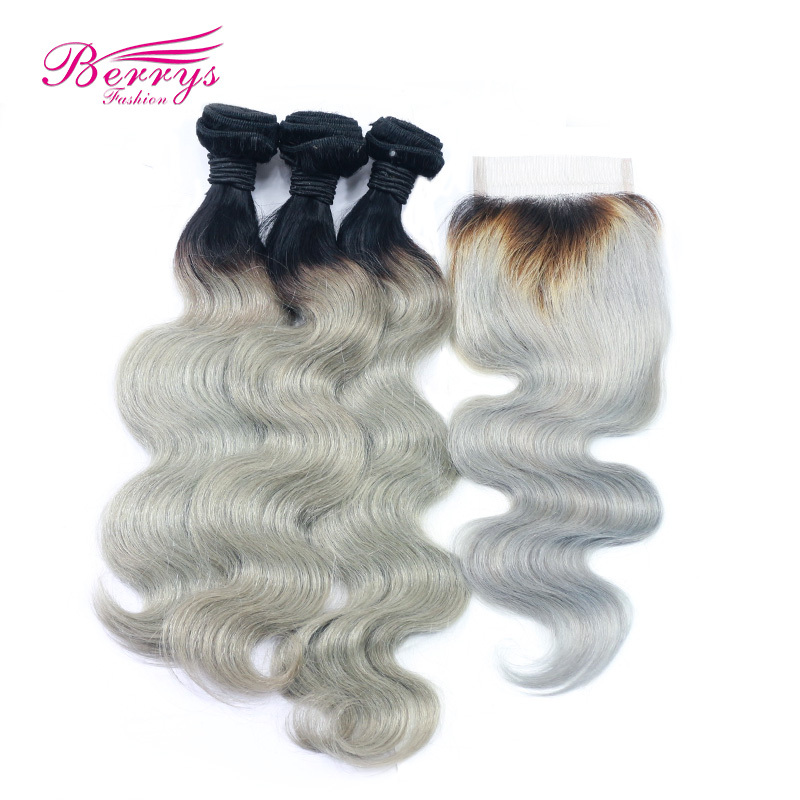 Brazilian 100% Virgin Human Hair 1B/grey hair Body Wave 3pcs Bundle with 1pcs 4*4 Closure Berrys Fashion Hair