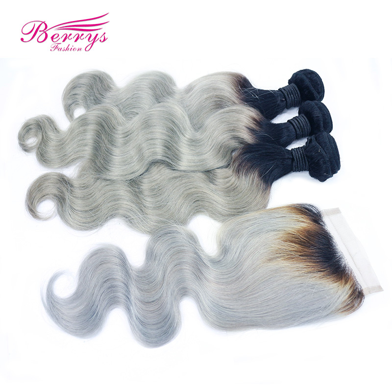 Brazilian 100% Virgin Human Hair 1B/grey hair Body Wave 3pcs Bundle with 1pcs 4*4 Closure Berrys Fashion Hair