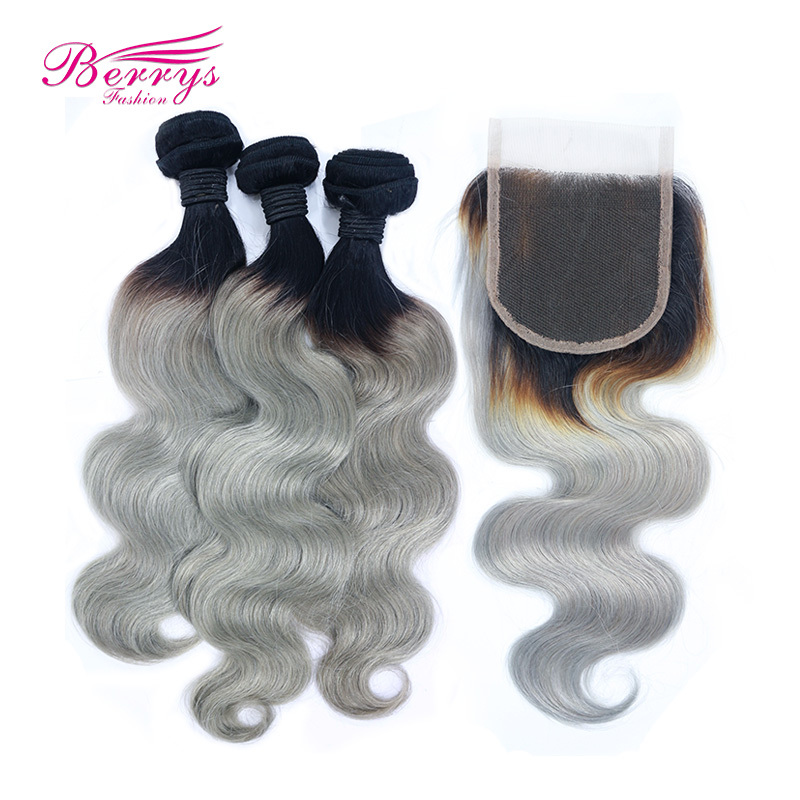 Brazilian 100% Virgin Human Hair 1B/grey hair Body Wave 3pcs Bundle with 1pcs 4*4 Closure Berrys Fashion Hair