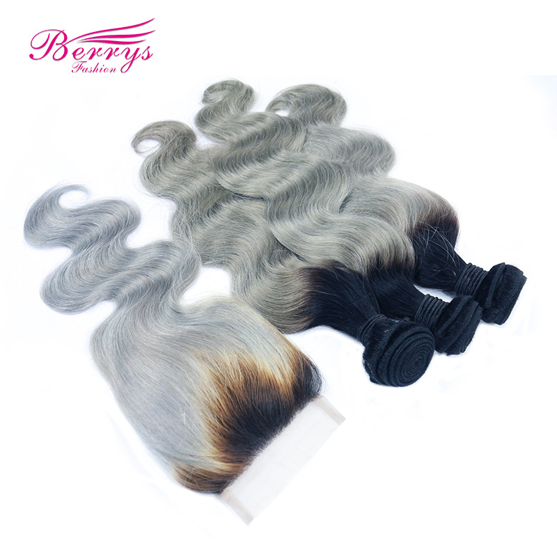 Brazilian 100% Virgin Human Hair 1B/grey hair Body Wave 3pcs Bundle with 1pcs 4*4 Closure Berrys Fashion Hair