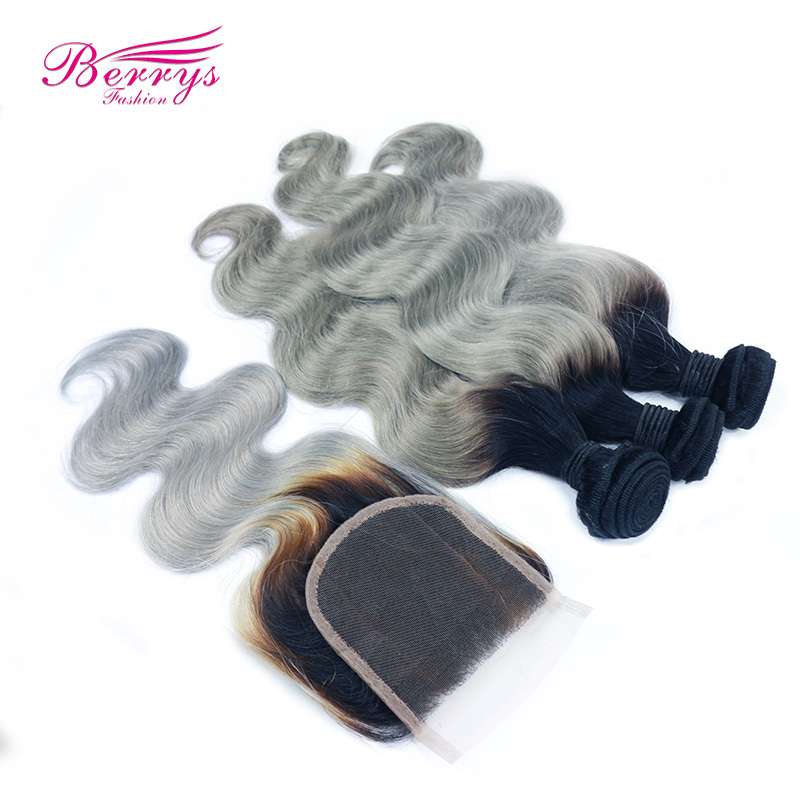 Brazilian 100% Virgin Human Hair 1B/grey hair Body Wave 3pcs Bundle with 1pcs 4*4 Closure Berrys Fashion Hair