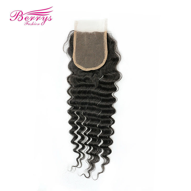 Berrys Fashion Hair Products Brazilian virgin hair lace closure deep wave 4*4inches Natural color