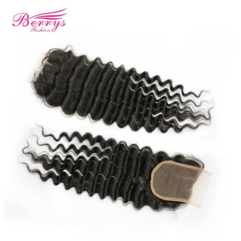 Berrys Fashion Hair Products Brazilian virgin hair lace closure deep wave 4*4inches Natural color