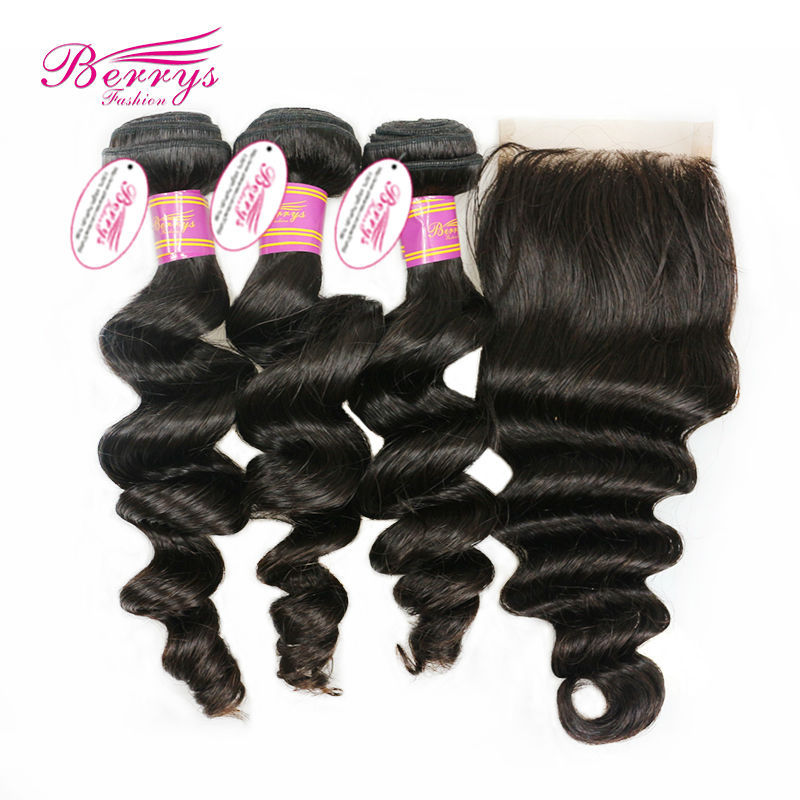 Peruvian Loose Wave 3 Bundles Human Hair with Lace Closure 4x4 Unprocessed Virgin Hair