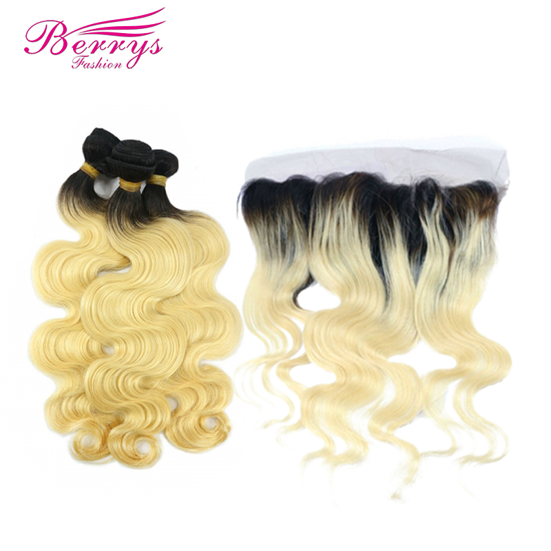 Brazilian1 b &amp; 613 Blonde Body Wave Hair + Lace Frontal 13*4 Virgin Hair 3pcs with 1pc Top Lace Frontal 100% Human Hair