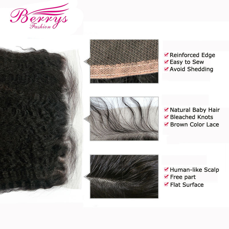Berrys Fashion Hair Kinky Straight 2 Bundles + 1 Frontal,100% Virgin Human Hair with Bleacked Knots,No Tangle No Shedding
