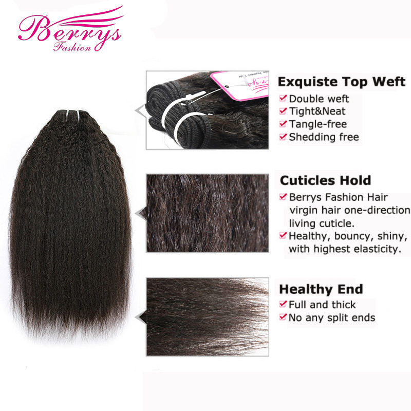 Berrys Fashion Hair Kinky Straight 2 Bundles + 1 Frontal,100% Virgin Human Hair with Bleacked Knots,No Tangle No Shedding