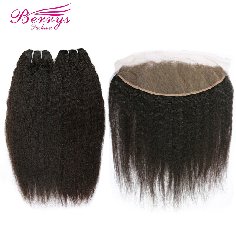 Berrys Fashion Hair Kinky Straight 2 Bundles + 1 Frontal,100% Virgin Human Hair with Bleacked Knots,No Tangle No Shedding