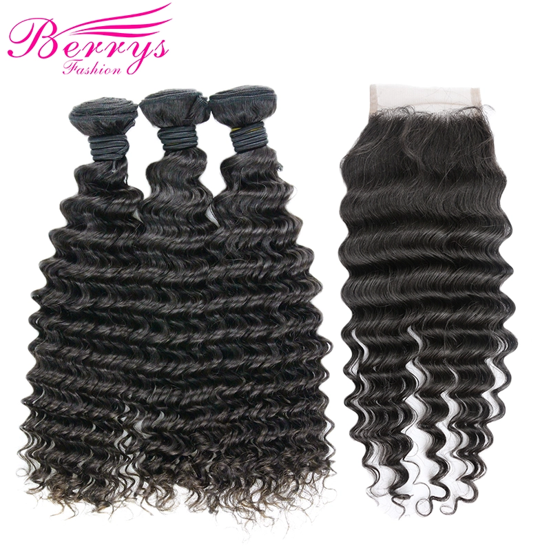 3 Bundles Deep Wave Brazilian Raw Hair With Closure Unprocessed 100% Raw Hair with 4x4 Lace Closure