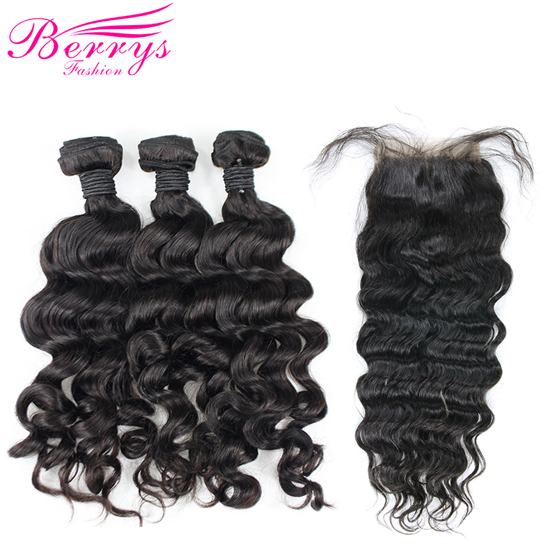 3 Bundles Loose Wave Brazilian Raw Hair With Closure Unprocessed 100% Raw Hair with 4x4 Lace Closure