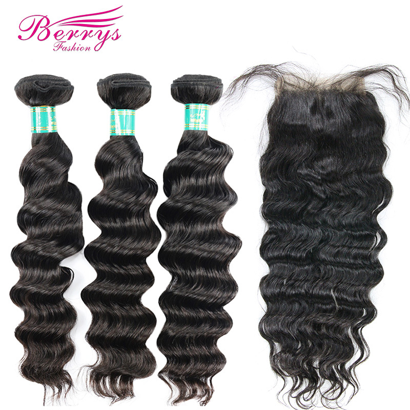 Berrys Fashion 3 Bundles Loose Wave 100% Virgin Hair With with 4x4 Lace Closure