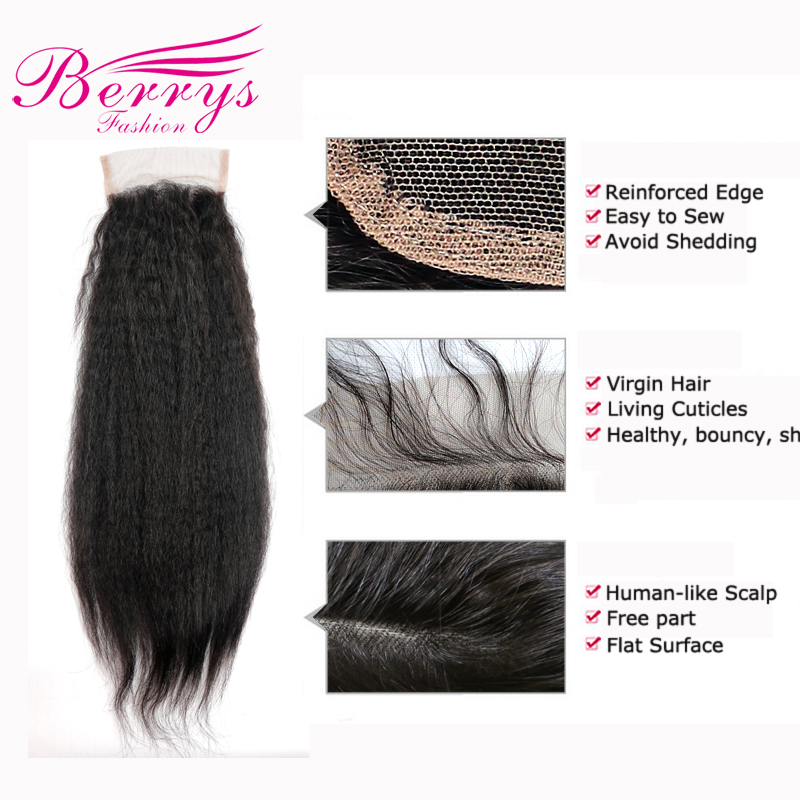 Brazilian Virgin Hair Kinky Straight Human Hair 3 PCS Bundles with Lace Closure 4x4 Unprocessed Human Hair Weft Berrys Fashion Hair