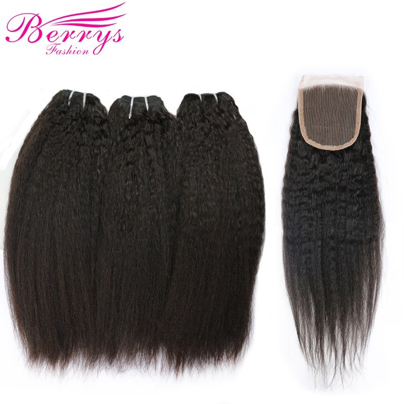 Brazilian Virgin Hair Kinky Straight Human Hair 3 PCS Bundles with Lace Closure 4x4 Unprocessed Human Hair Weft Berrys Fashion Hair