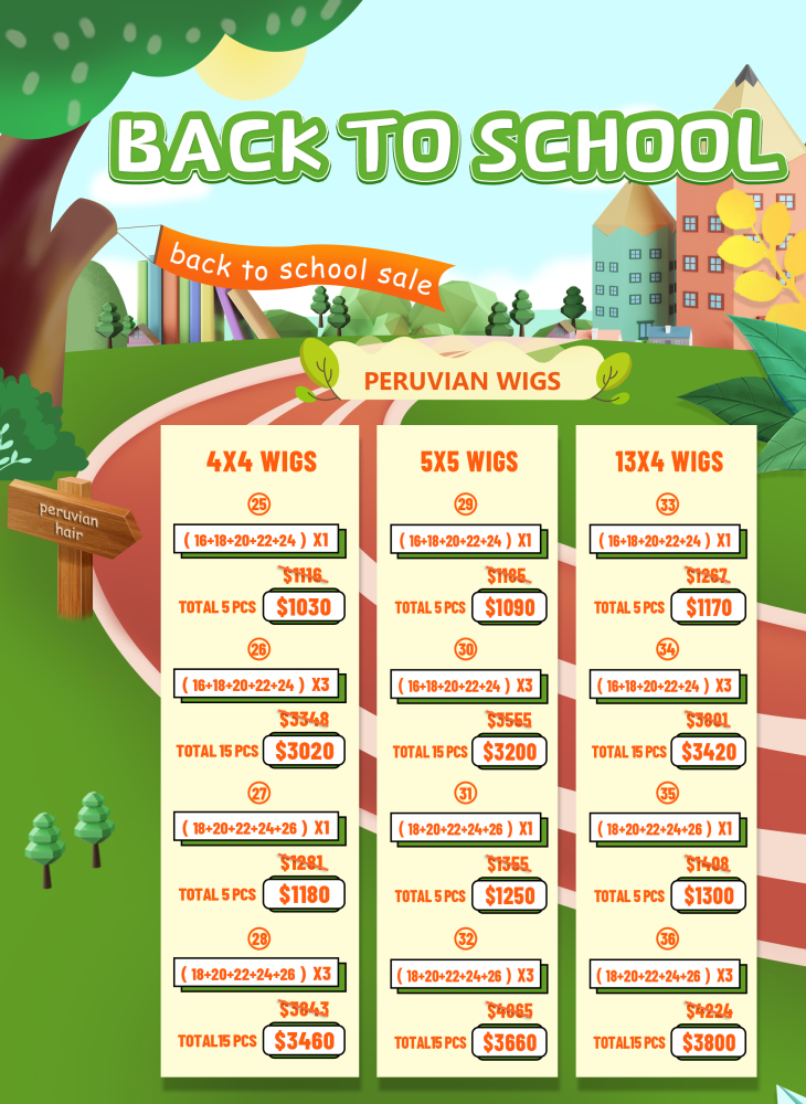 BACK To SCHOOL SALE peruvian wigs packages deal in 100%human virgin hair wigs in any pattern