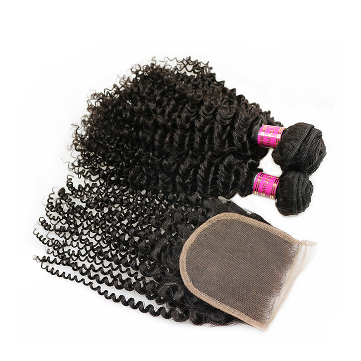 3 Bundles Peruvian Kinky Curly Human Hair with 1pc 4x4 Lace Base Closure 100% Unprocessed Virgin Hair