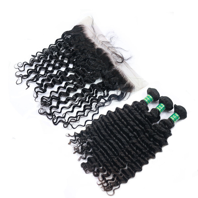 3 Bundles Deep Wave with Pre-plucked 13*4 Lace Frontal 100% Human Hair Berrys Fashion Hair