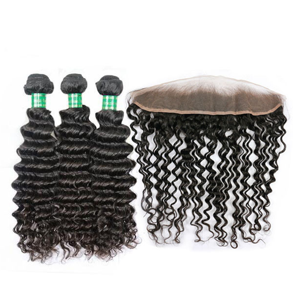 3 Bundles Deep Wave with Pre-plucked 13*4 Lace Frontal 100% Human Hair Berrys Fashion Hair
