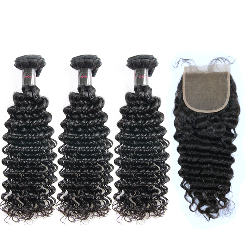 Deep/loose Wave Hair 3 Bundles & 1 Closure 4 PCS Top Quality Yellow Band 100% Virgin Human Hair, can Be Dyed