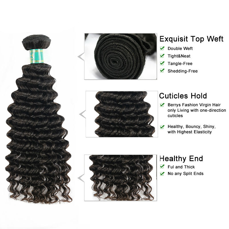 Berrys Fashion Hair Deep Wave 2 Bundles + 1 Frontal,100% Virgin Human Virgin Hair with Bleacked Knots,No Tangle No Shedding