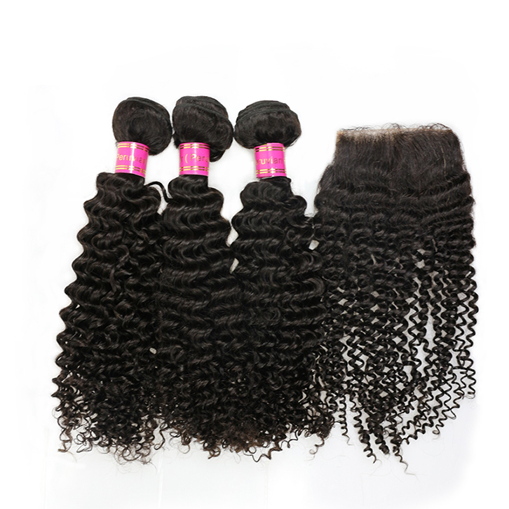 3 Bundles Peruvian Kinky Curly Human Hair with 1pc 4x4 Lace Base Closure 100% Unprocessed Virgin Hair