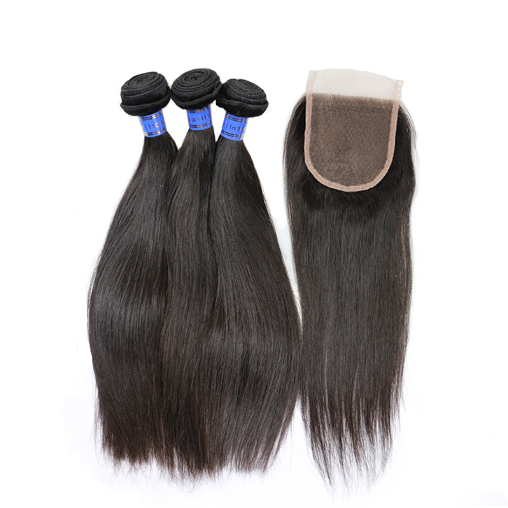 3 Bundles Indian Virgin Hair Straight with 4x4 Lace Closure 100% Unprocessed Peerless Hair Extension