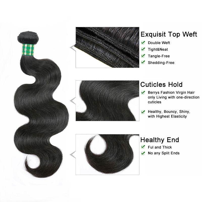 Berrys Fashion Hair Body Wave 2 Bundles + 1 Frontal,100% Virgin Human Hair with Bleacked Knots,No Tangle No Shedding