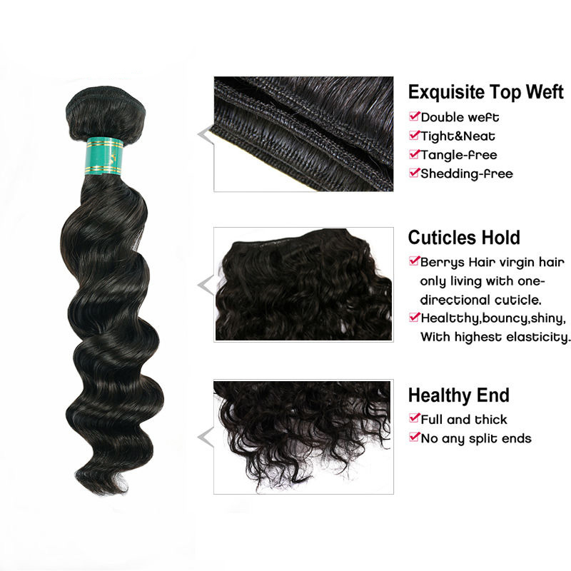 Berrys Fashion Hair Loose Wave 2 Bundles + 1 Frontal,100% Virgin Human Hair with Bleacked Knots,No Tangle No Shedding