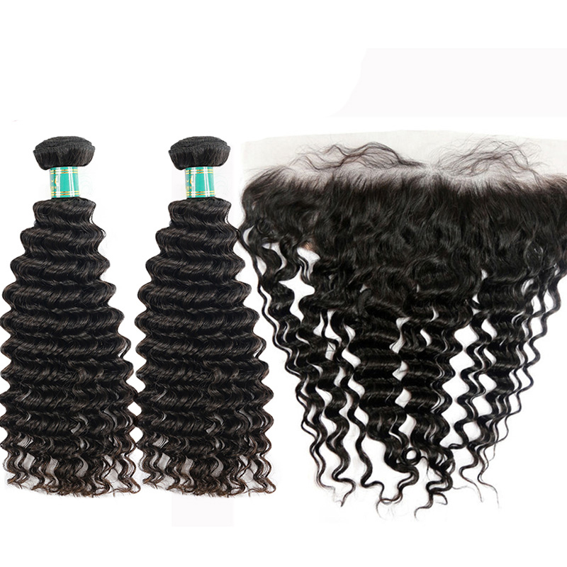 Berrys Fashion Hair Deep Wave 2 Bundles + 1 Frontal,100% Virgin Human Virgin Hair with Bleacked Knots,No Tangle No Shedding