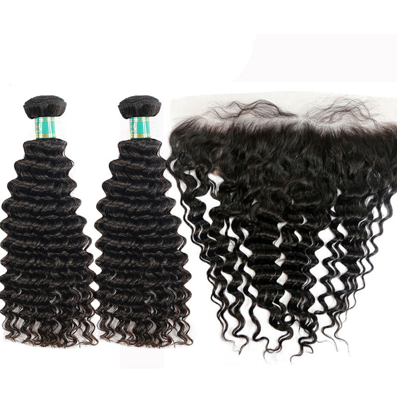 Berrys Fashion Hair Deep Wave 2 Bundles + 1 Frontal,100% Virgin Human Virgin Hair with Bleacked Knots,No Tangle No Shedding