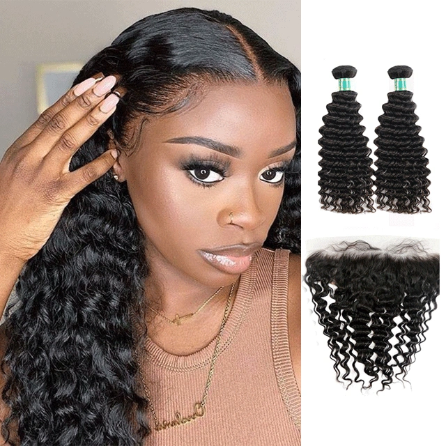 Berrys Fashion Hair Deep Wave 2 Bundles + 1 Frontal,100% Virgin Human Virgin Hair with Bleacked Knots,No Tangle No Shedding